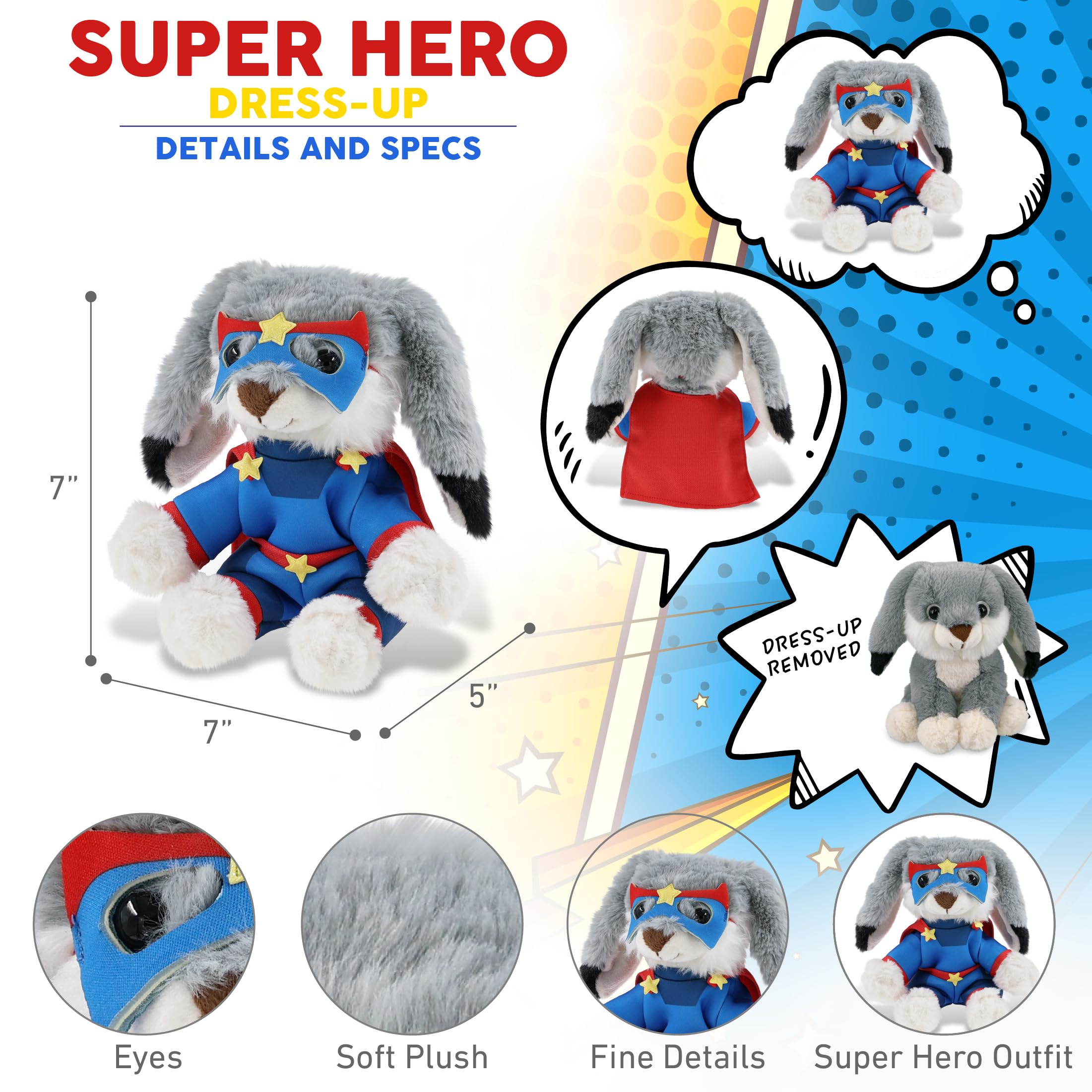DolliBu Grey Rabbit Plush Stuffed Animal with Superhero Costume - Cute Farm Toy with Red Cape Blue Suit, Eye Mask - Super Hero Adventure Plush for Kids - 7 Inches