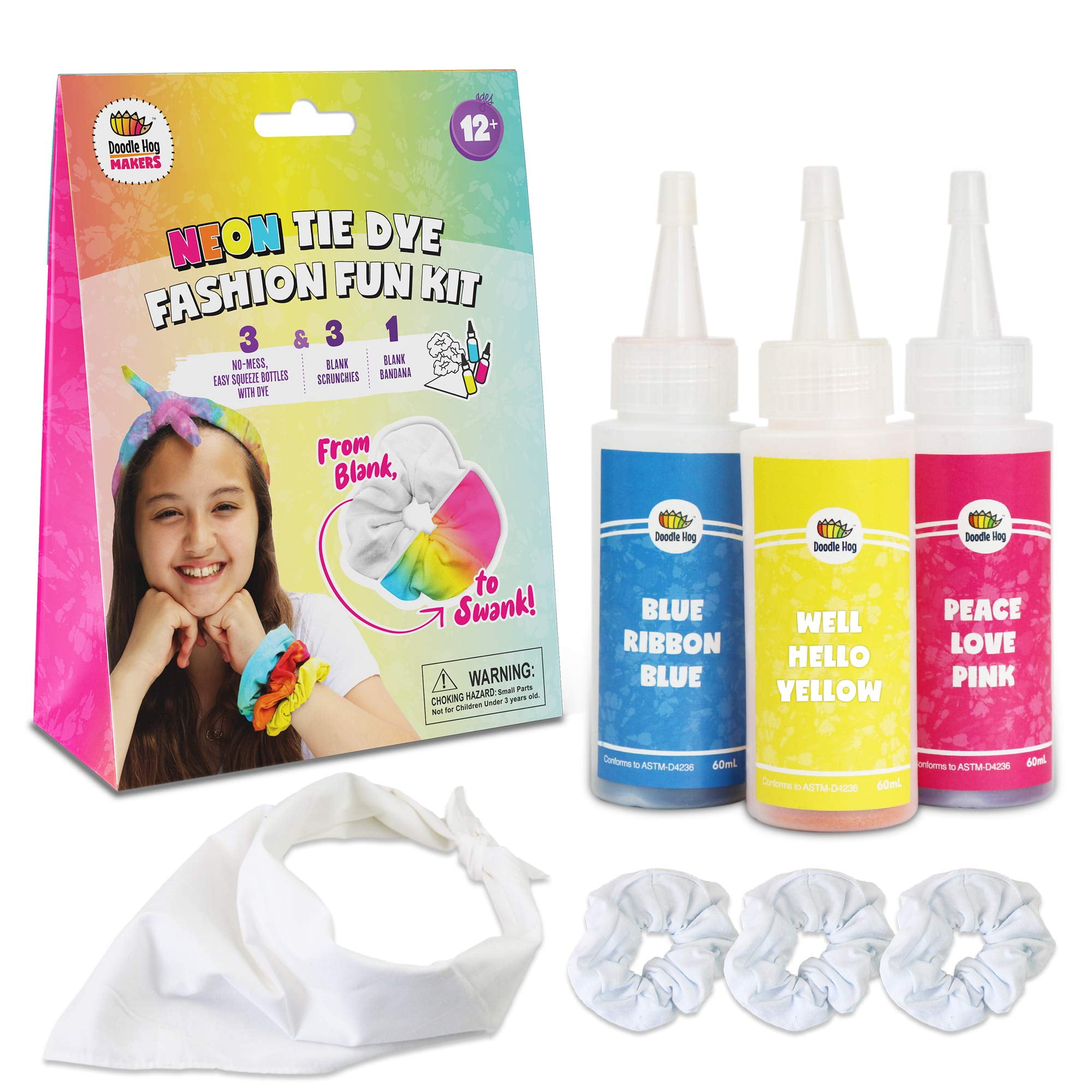 3 Pack Neon Tie Dye Kits has 3 Brilliant Colors in Easy-Squeeze Bottles, 3 Blank Scrunchies, 1 blank bandana, Rubber Bands, and Dye Technique Guide for Endless DIY Fashion Possibilities