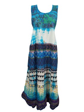 Mogul Women's Sundress Cotton Print Tie Back Summer Fashion Sleeveless Maxi Dresses