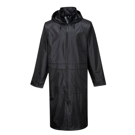 Portwest S438 Men's Waterproof Raincoat - Lightweight Long Rain Jacket with Hood and Pockets Black, X-Large