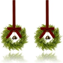 Guvpev Mini Christmas Wreath Set of 2, 12 Inch Small Wreaths for Kitchen Cabinets, with Deep Red Bow Vintage Bells Pine and Cypress Leaves for Fireplace Window Farmhouse Indoor Home Decorations