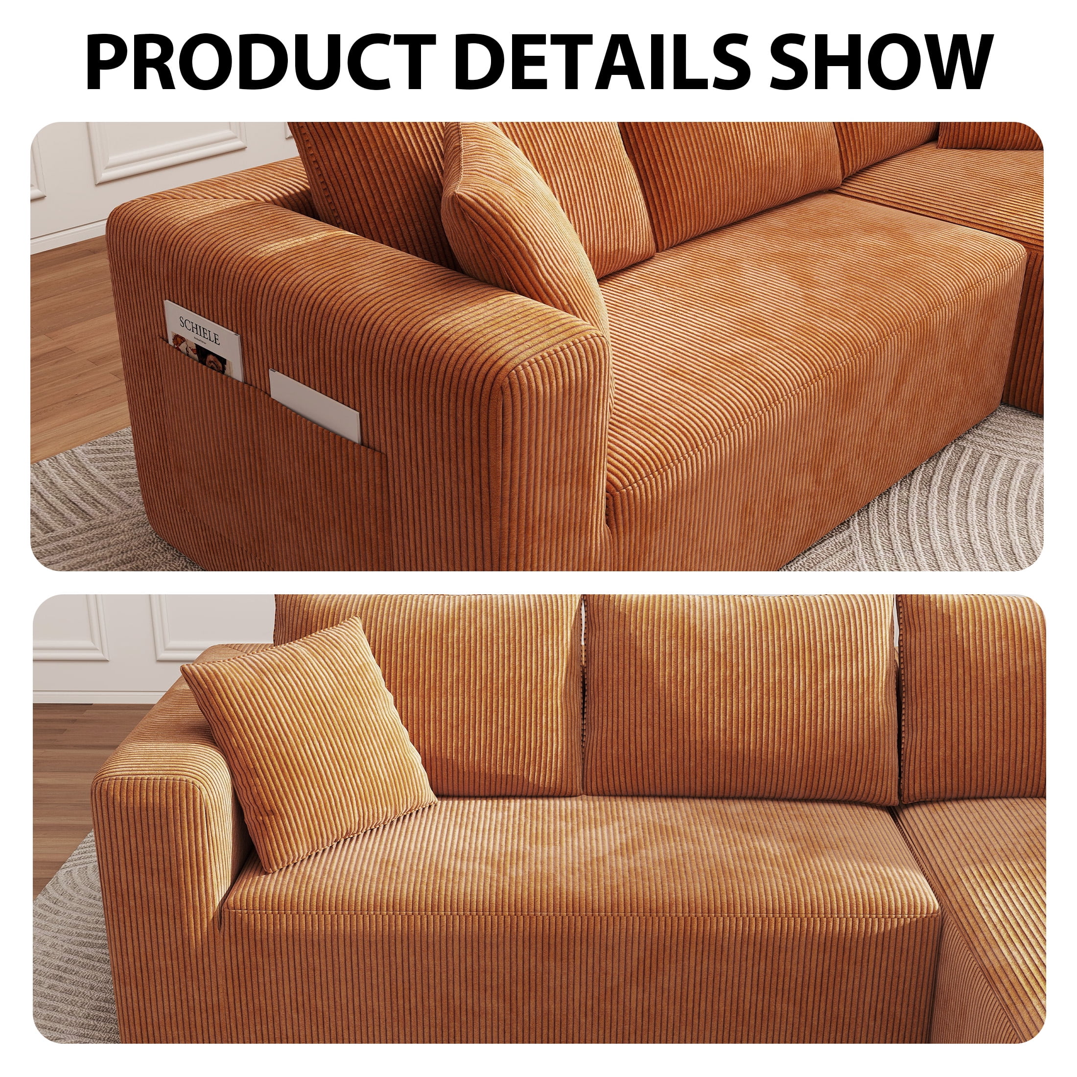 Focalsweet 107" L-Shaped Sofa Couch, Modular Sectional Living Room Sofa Set, Corduroy, No Assembly, Orange
