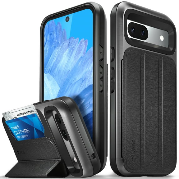 VENA vCommute Wallet Case Compatible with Google Pixel 8a, (Military Grade Drop Protection) Flip Leather Cover Card Slot Holder with Kickstand - Space Gray