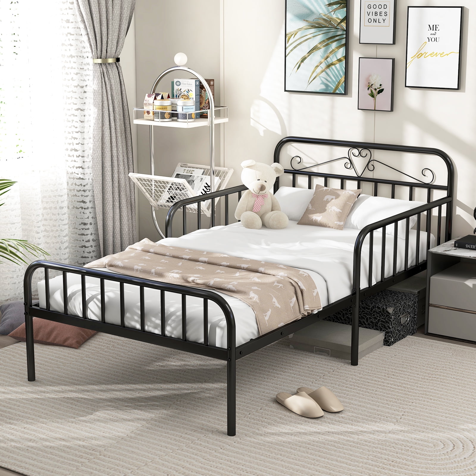 Infans Twin Size Metal Bed Frame Modern Platform Bed with Safety Guardrails Headboard