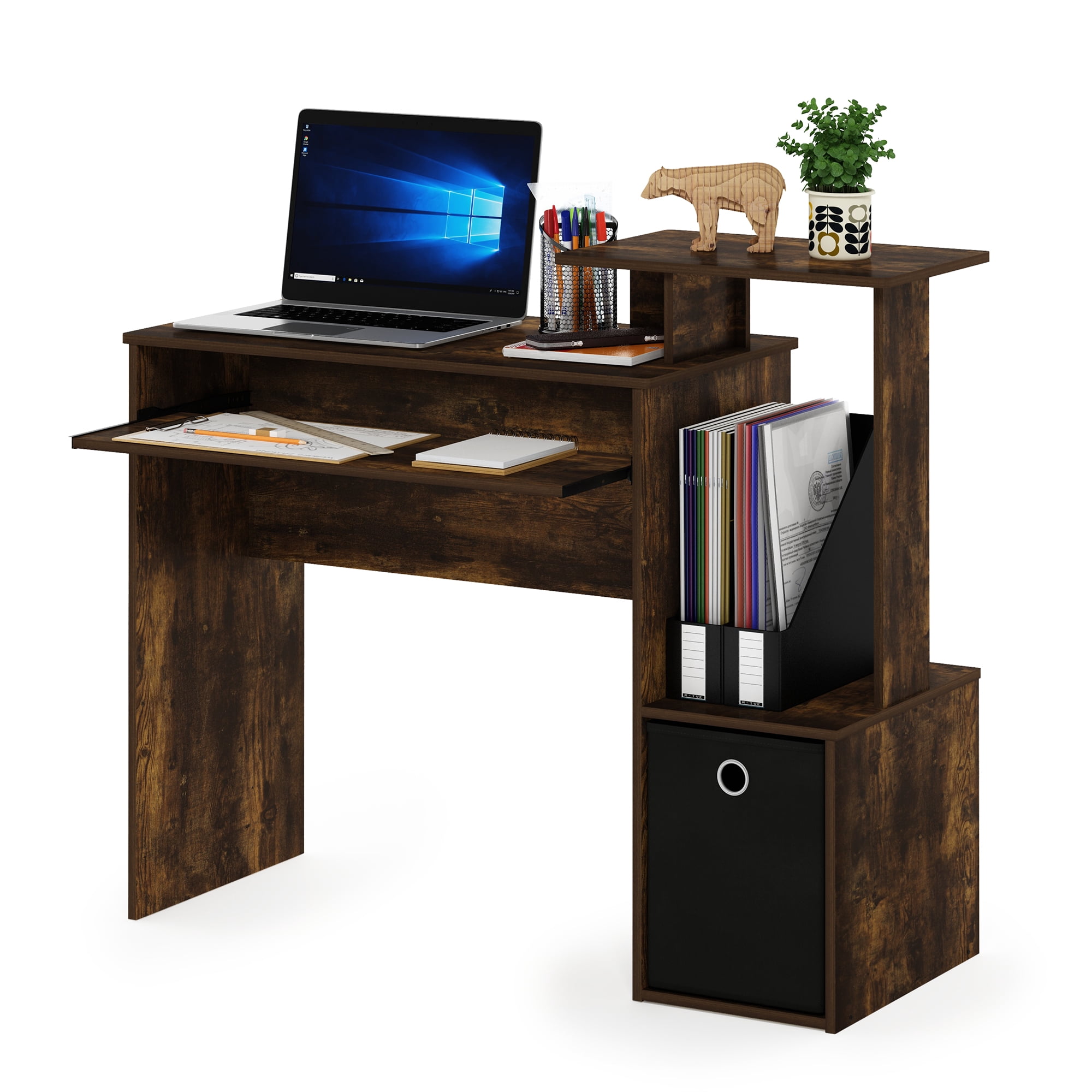 Furinno Econ Multipurpose Home Office Computer Writing Desk with Bin, Amber Pine/Black