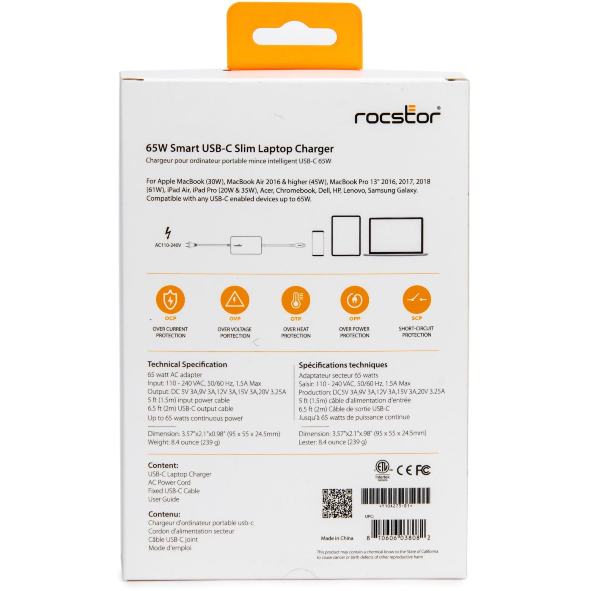 Rocstor 65W Smart USB-C Laptop Power Adapter Charger - Compatible and perfect fit for Dell&trade;,HP&reg;,Lenovo&reg;,Microsoft&reg; Surface&reg; (23W,24W,36W,44W,65W) Power Supply,Apple&reg; MacBo...