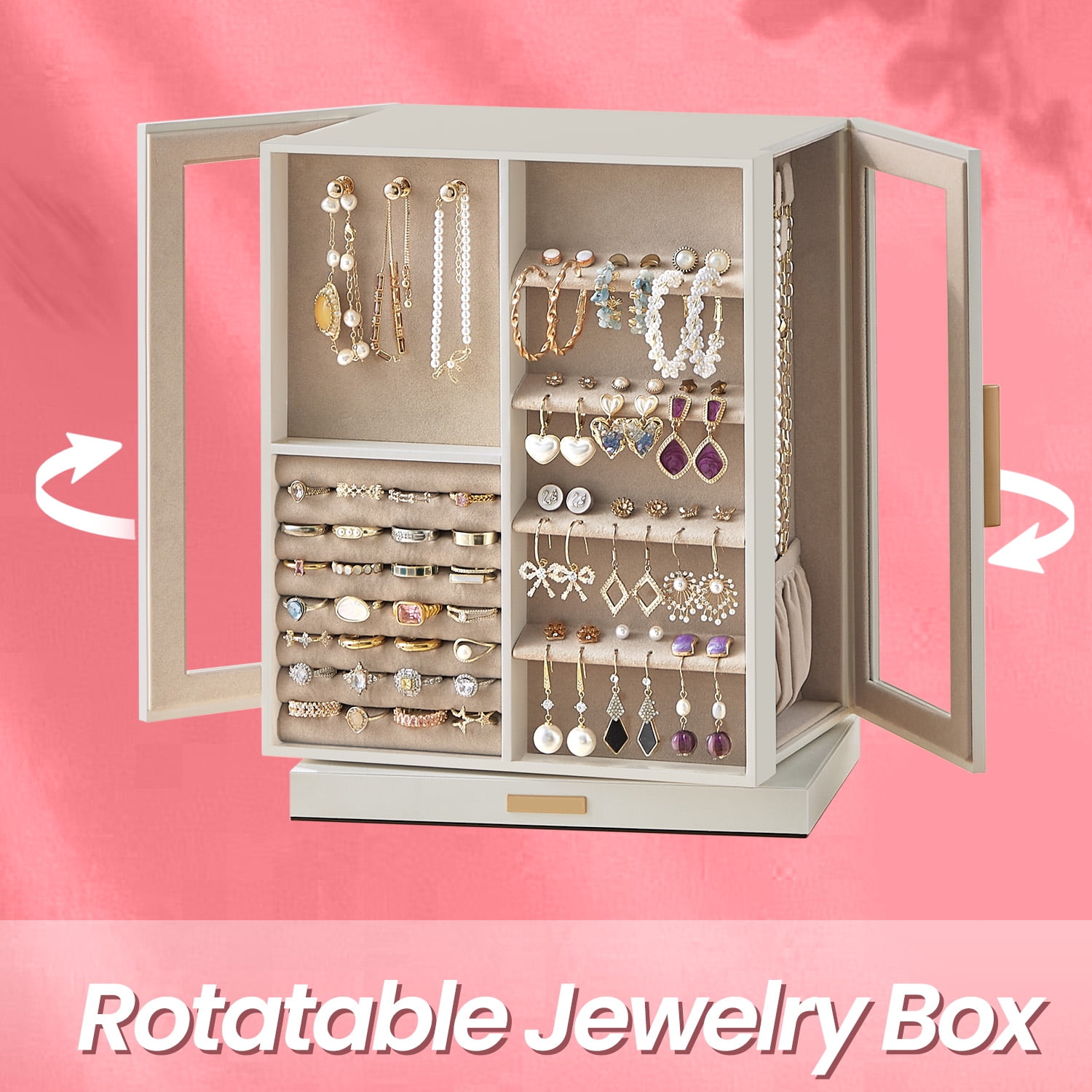 360° Rotating Jewelry Box with Glass Window, 5 Drawers Jewelry Storage Case Accessory Organizer, Gift, Cloud White