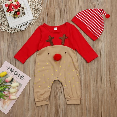

Canrulo Kids Baby Girls Boys Deer Rompers with Hat Christmas Jumpsuit Outfits Red 18-24 Months