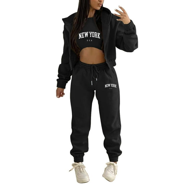 Gibobby Sudaderas de Forro Polar y Pantalones Sudadera con capucha de forro polar para mujer con estampado de Conjunto deportivo y de ocio de piezas Conjunto (Negro,G)