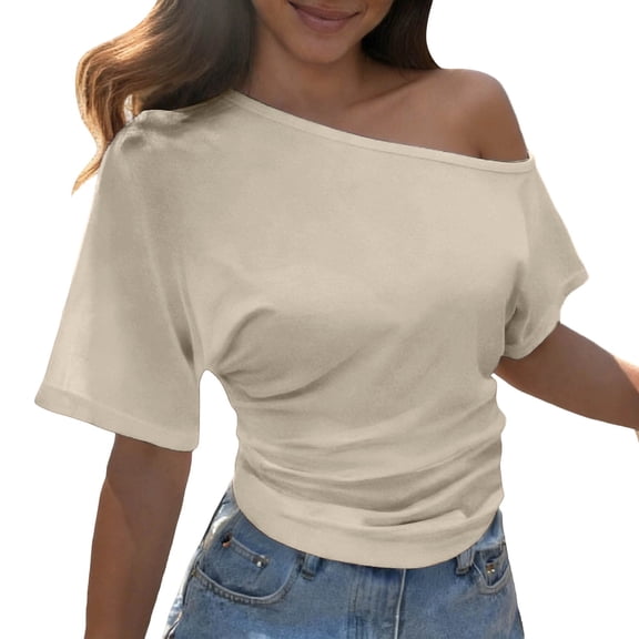 Glisme Women T-Shirt Solid Color Short Sleeve Asymmetrical Off One Shoulder Crop T-Shirt Summer Fashion Women Tees Size L Beige