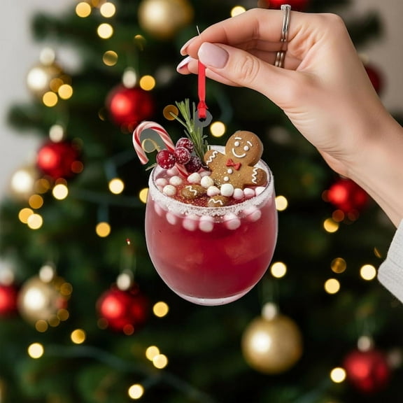 ViciArt Gingerbread Drink Christmas Ornament, Holiday Tree Decoration with Candy Cane & Berries, Acrylic/Fiber Wood