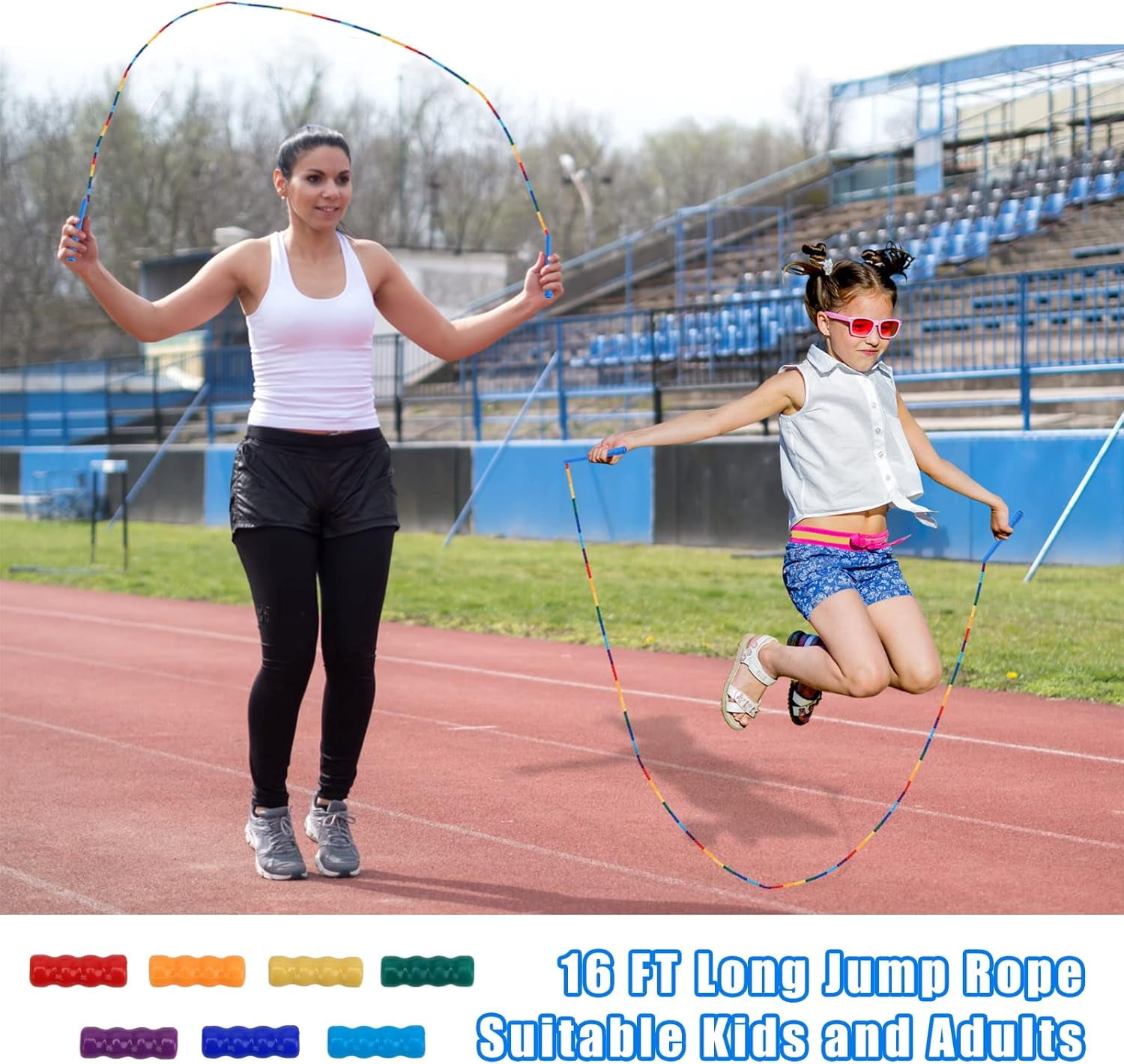 16 FT Long Jump Rope(2 PACK), Double Dutch Jump Ropes, Soft Beaded Skipping for Kids Adults, Plastic Segmented Long Enough for 4-5 Jumpers