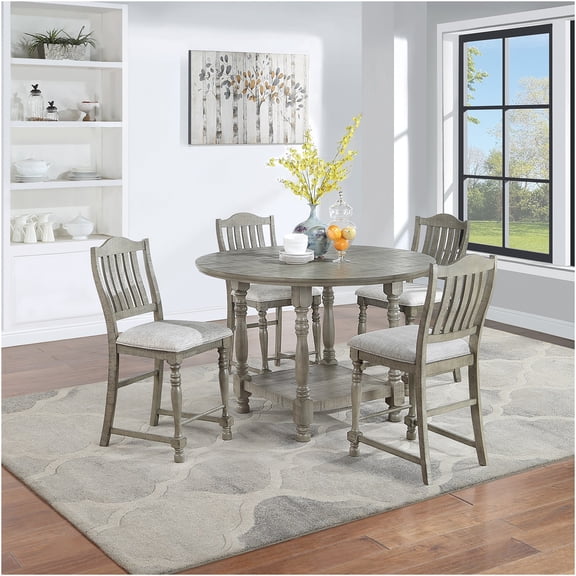 JERFIT 5-Piece Counter Height Dining Set with Round Table and Upholstered Chairs, Light Grey