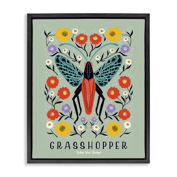 Stupell Industries Symmetrical Grasshopper with Blooms Black Framed Floater Canvas Wall Art, design by Indira Prieto | IndySign