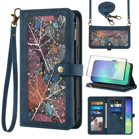 Asuwish Phone Case for Samsung Galaxy S10 Plus Wallet Cover With Tempered Glass Screen Protector Crossbody Wrist Strap Flip Pattern Zipper Card Holder Cell S10  S10plus 10S Edge S 10 10plus Men Blue