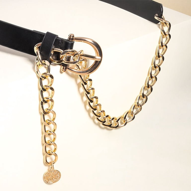 Faux Leather Oversized Chain Belt Wide Black Faux Leather Cinch Belt With Silver Chains  main image 2