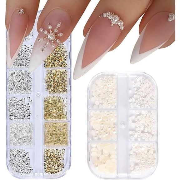 Nail Art Pearls with Nail Rhinestones Glue Gel Flatback Pearls Nail Charms Luxurious Nail Supplies Accessories Gold Silver Nail Gems Jewelry Pearls for Women Nail Design
