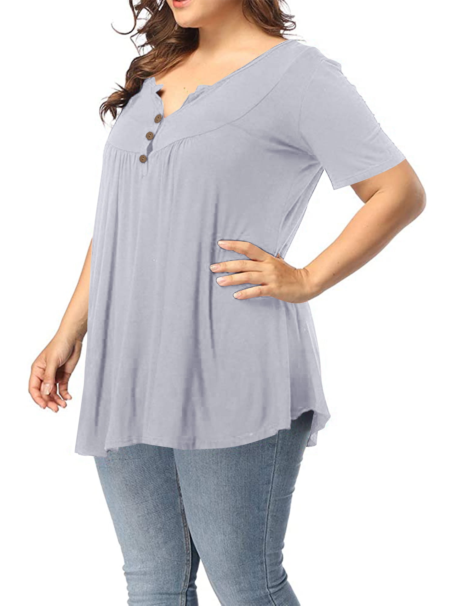 JIOTANG XL-4X Plus Size Top for Women Summer Henley V Neck Short Sleeve Buttons Up Pleated Tunic Tops 