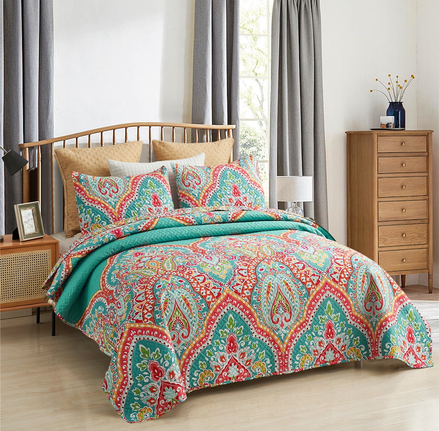 JML Quilt Set 3 Piece, Embossed Bedspread Bedding Set with 2 Shams, King, TurquoIse & Tangerine