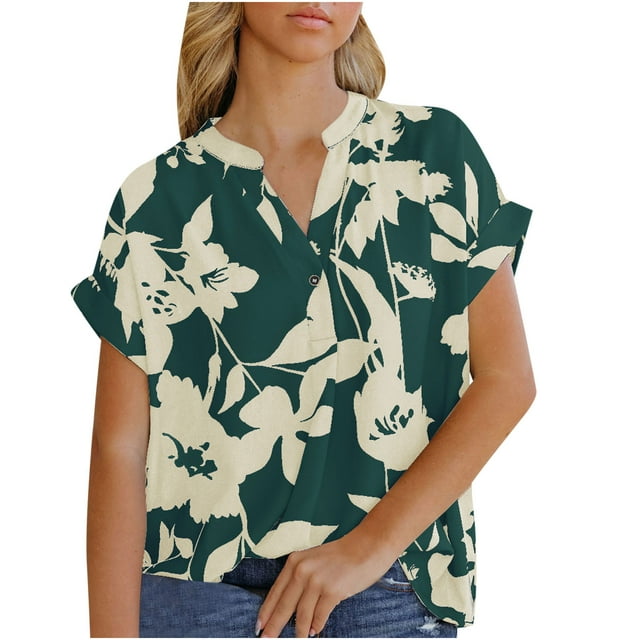 Pompotops Chemisier en Chiffon à Manches Courtes Imprimé Mode Décontractée Sexy d'Été pour Femmes