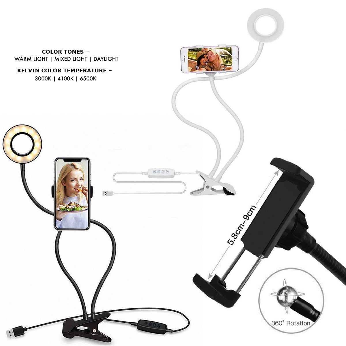 Personal Live Stream Ring Light Kit 3.5” LED, Table Clamp And Phone Holder - Black