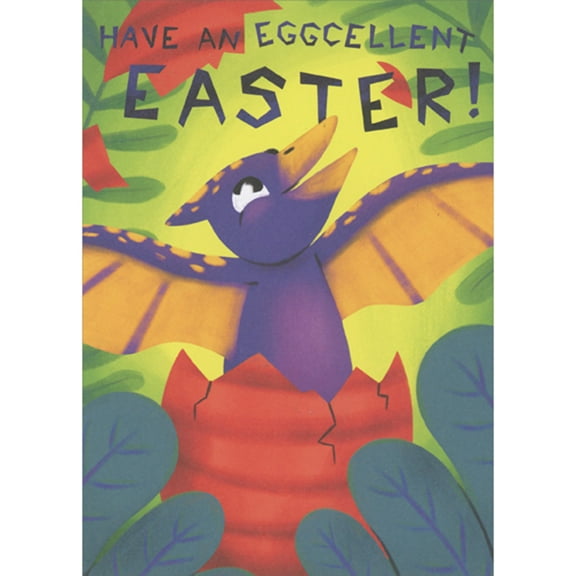 RSVP Eggcellent Easter: Purple Dinosaur Hatching from Red Egg Easter Card for Young Grandson