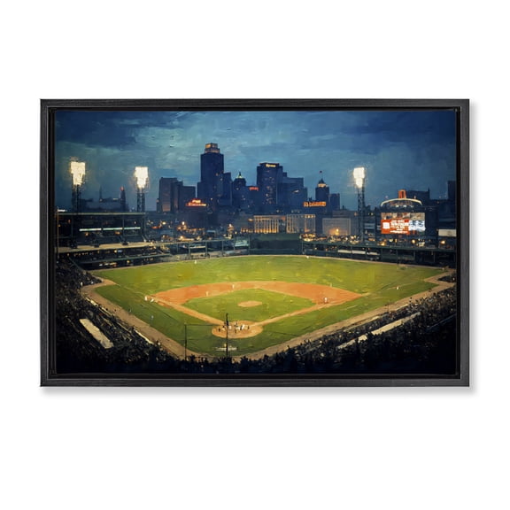 Baseball Stadium at Night Black Framed Floater Canvas Wall Art, design by Arlington Prints