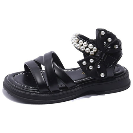 

Entyinea Girls Sandals Girls Casual Shoes Shallow Mouth Slip On Pointed Pearl Princess Boat Shoes Kids Children Bowknot for Toddler/Little Kid/Big Kid Black 11.5