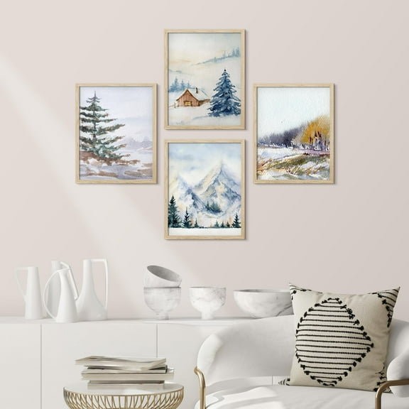 PixonSign Framed Wall Art Winter Snow Frosty Pastel Christmas Log Cabin Prints, Set of 4 Mountain Forest Nature Wall Decor, Adhesive Canvas Poster, Modern Home Artwork - 11"x14" Natural