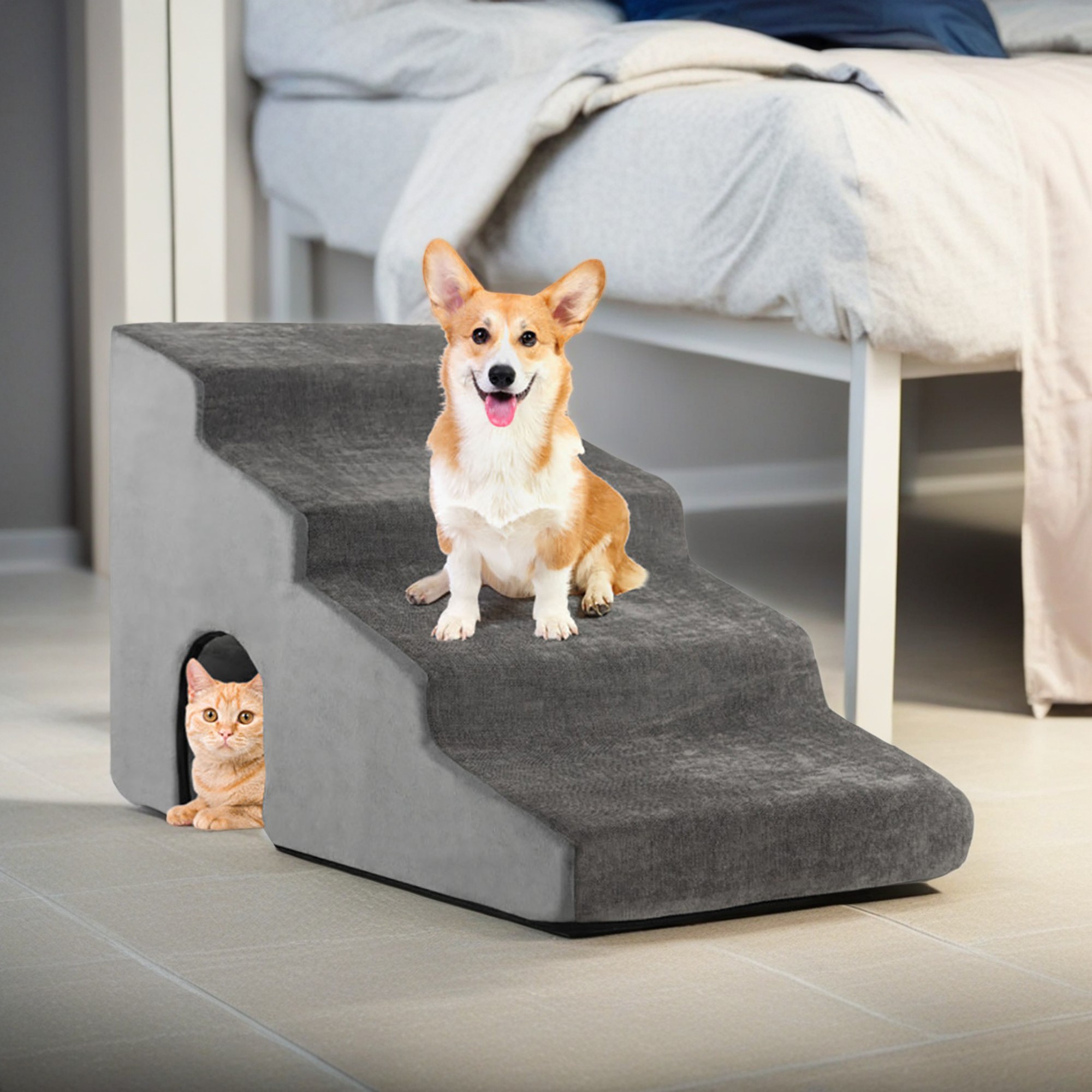 Kadyn 27" Dog Stairs for Small Pets with High-Density Sponge and Silicone Paw Prints, 4-Step Dog Ramp for Beds and Couch, Gray