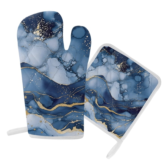 Oven Mitts and Pot Holders Set Ombre Blue White Marble Texture Heat Resistant Kitchen Oven Glove Waves Abstract Grill Gloves Set for Cooking, Baking, BBQ, Machine Washable 6.5x10.8in 8x8in