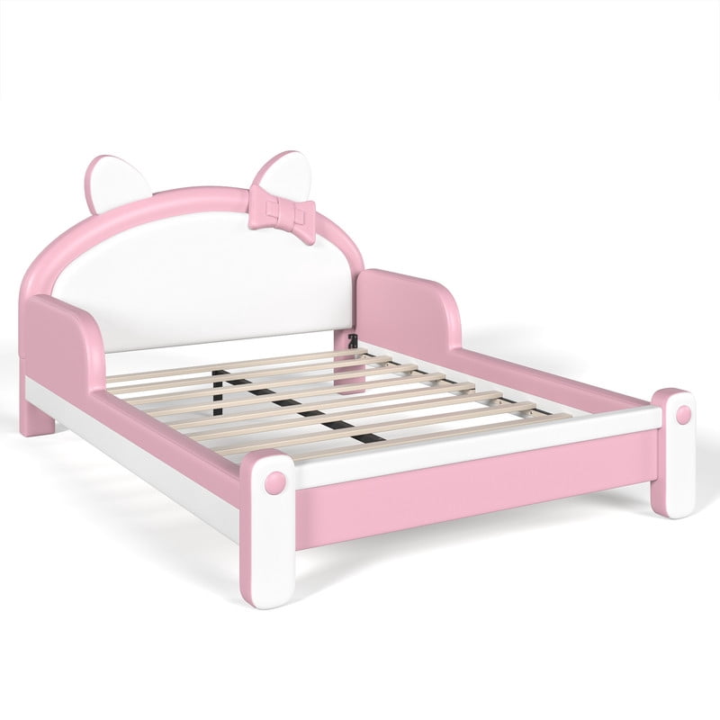 Full Size Kids Platform Bed with Cartoon Cat-Shaped Headboard, Upholstered PU Leather Princess Bed, Low Profile Child Bed Frame