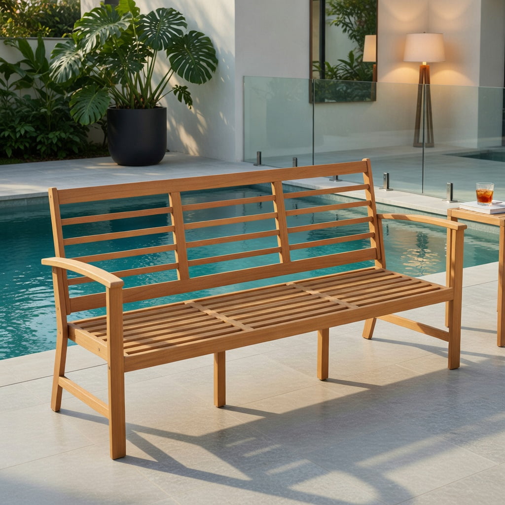 Hommoo 64" Acacia Wood Patio Bench with Off-White Polyester Cushion, Sturdy Outdoor Garden Bench for Backyard, Porch & Deck, Natural