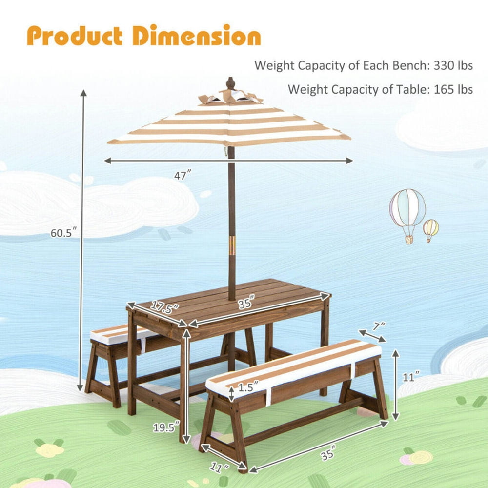 GVN Kids Picnic Table and Bench Set with Cushions and Height Adjustable Umbrella-Brown, Kids Desk and Chair Set for Arts & Crafts, Snack Time, Homeschooling, Homework