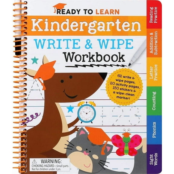 EDITORS OF SILVER DOLPHIN: Ready to Learn: Kindergarten Write and Wipe Workbook: Addition, Subtraction, Sight Words, Letter Sounds, and Letter Tracing (Spiral-Bound)