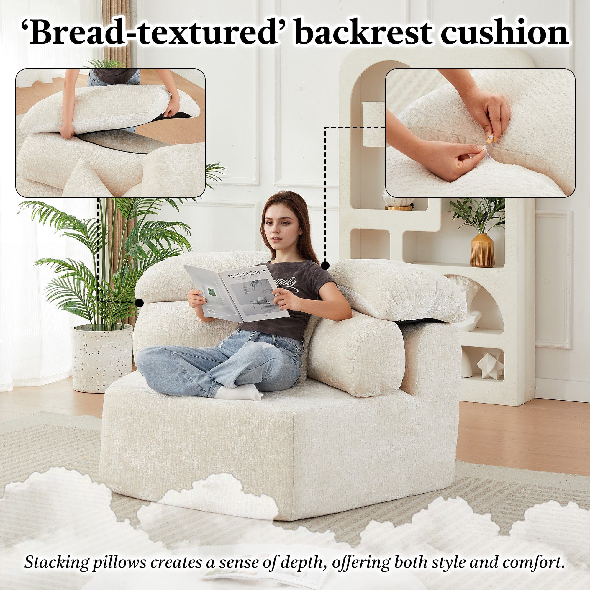 Sailvan 53" Modern Cream Modular Lounge Chair, Pentagonal Chenille Single Seater Cloud Sofa with Enveloping Pillows, Cozy Foam Armchair Beige