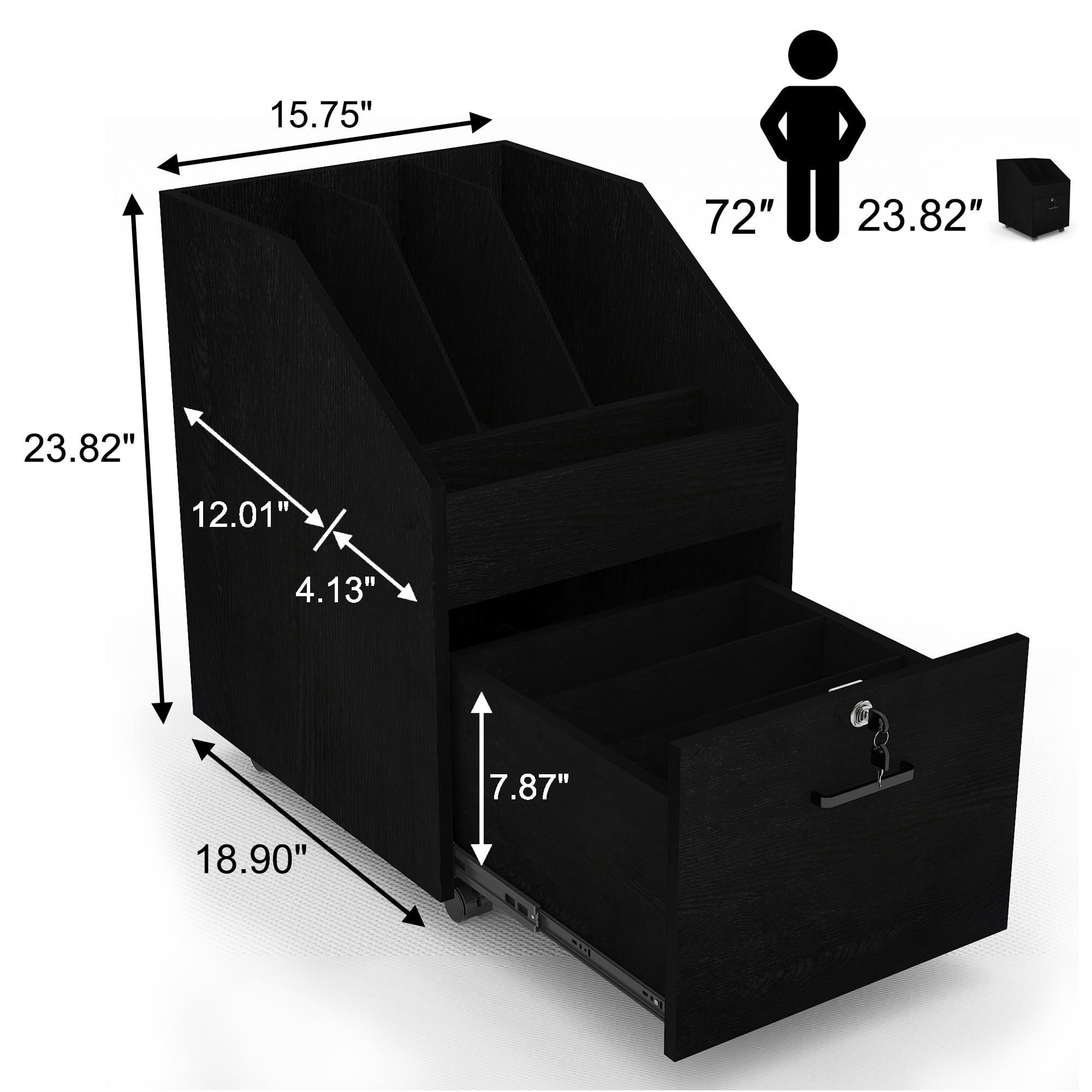 NAIYUFA Mobile File Cabinet with drawers,lock,Rolling Filing Cabinet Wood Storage Shelf for Office Study Room,Black