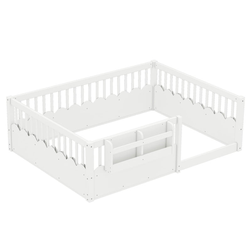 Full Size Floor Bed with Heightened Fence, Kids Platform Bed Frame with No Slat, Montessori Storage Bed with Bookshelf