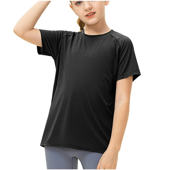 GA WEIHUA Girls Athletic Shirts Short Sleeve Active T-Shirts Dry Fit Tops Sports Workout Tops for Kids Teens Basic Crewneck Solid Color Tees for Gym Yoga(Black,8 Years)