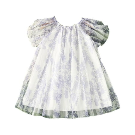 

Little Child Little Girls Dress Purple Flowers Printed Flying Sleeve Lace Princess Dress Birthday Gift Kids Baby Sweet Sundress Outwear Leisure Dailywear