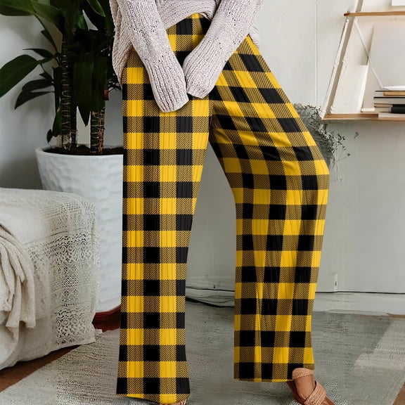 Pajama Pants with Drawstring Elastic Waist, Plaid Print Sleepwear, Comfortable Straight Leg Loose Lounge Pants for Women, Soft and Cozy,Yellow,S