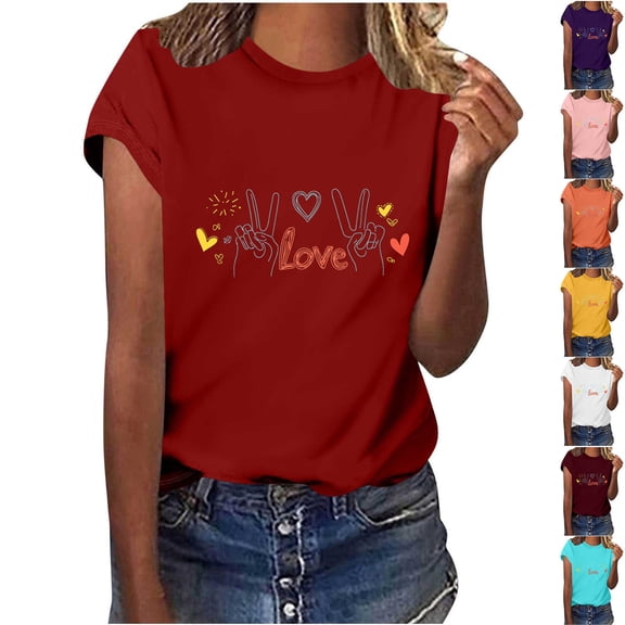 HomeDM Womens Valentine's Day Crew Neck T-Shirts Love Graphic Short Sleeve Loose Fit Pullover Tops - Red/L