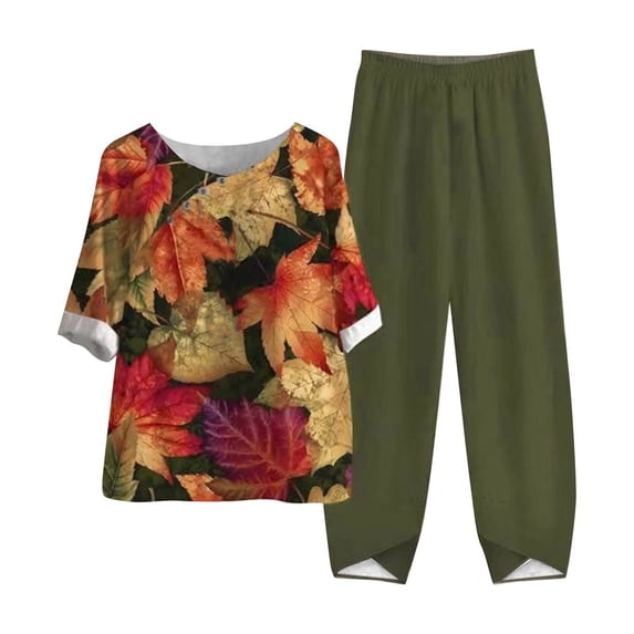 IROINNID Women's Loose Printed Half Sleeve Round Neck Cotton and Linen Pullover Top + Casual Elastic Pants Oversize Suit, Two Piece Set