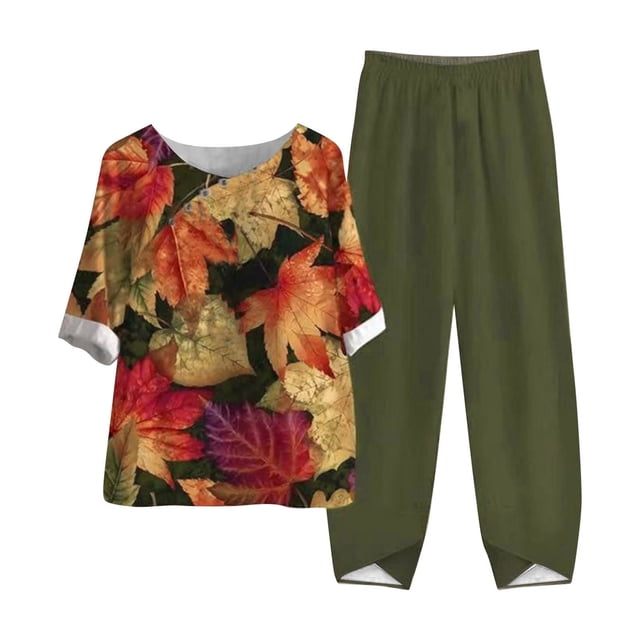 DPTALR Ensemble d'Été Imprimé pour Femmes Manches Courtes Demi-Manches Col Rond Haut Court + Pantalon Décontracté Ensemble de Détente Deux Pièces
