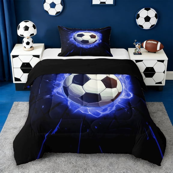 Erosebridal Soccer Ball Games Kids Twin Comforter Sets,Black Blue Bedding Set For Football Lovers,Reversible Black 2 Pieces