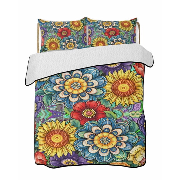 Quilt King Size Bedding Set, Boho Colorful Floral Reversible Summer Quilt 3 Pieces, Spring Flower Botanical Sunflowers Plant Lightweight Bedspreads Coverlets with 2 Pillow Shams for All Seasons
