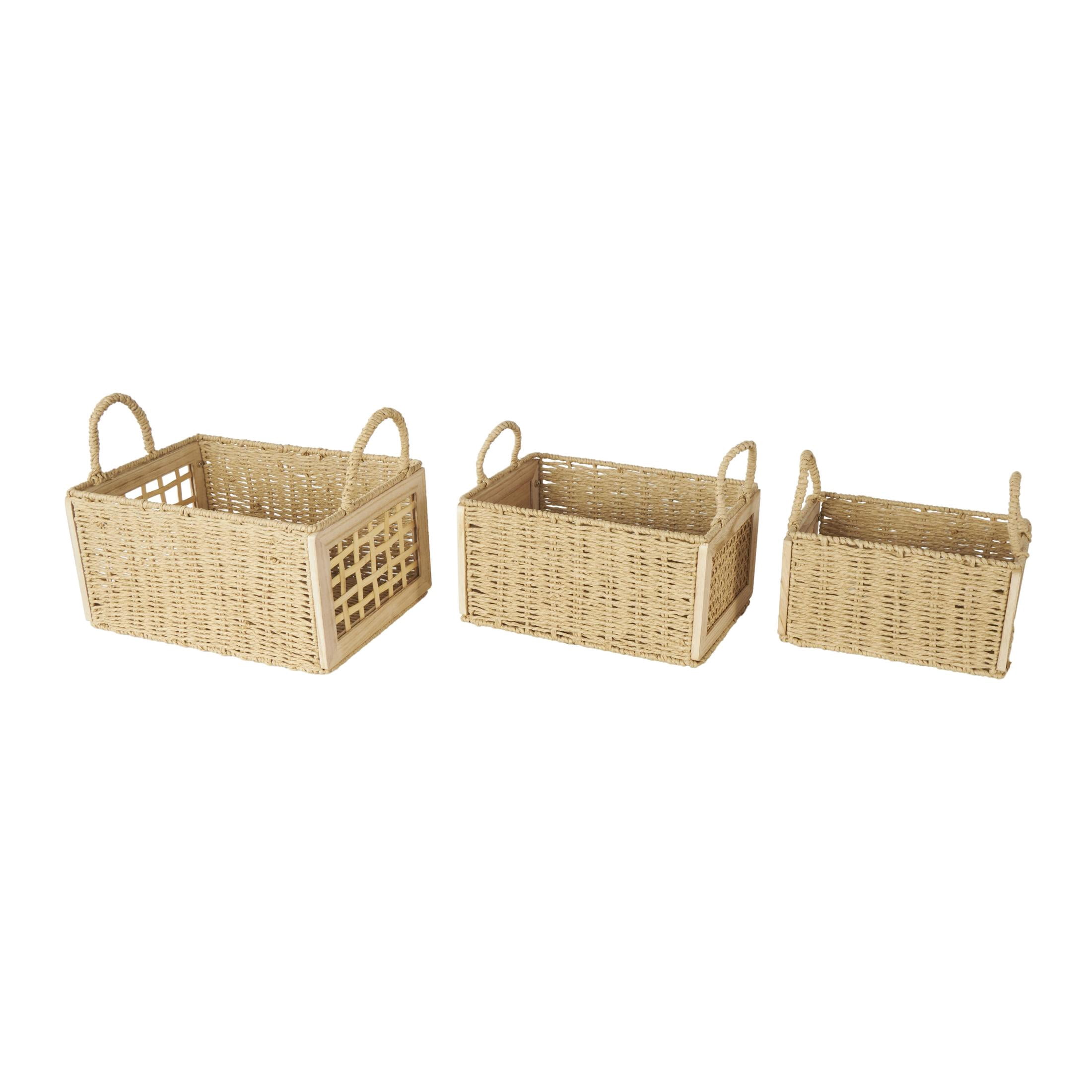 DecMode 14", 12", 11"W Brown Rattan Woven Storage Basket with Rope Handles, 3-Pieces