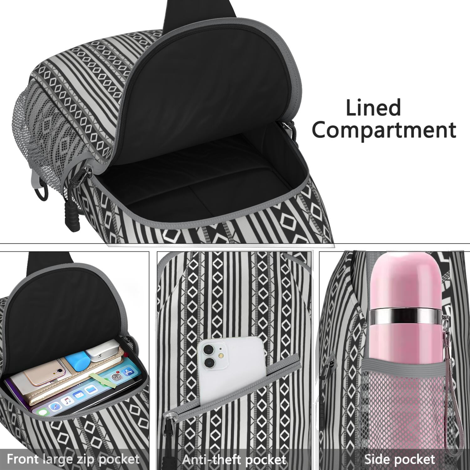 Tribal Patterns Shoulder Backpack Anti-Theft Sling Bag for Outdoor Adventures Rustic Style & Versatile