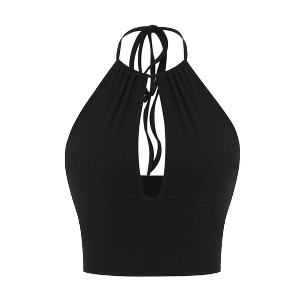 SAYOO Chaleco Recortado Sin Mangas para Mujer, Camiseta Sin Mangas Ajustada Con Cuello Halter De Color Sólido, Camisola Con Ombligo Ahuecado De Verano SAYOO Casual