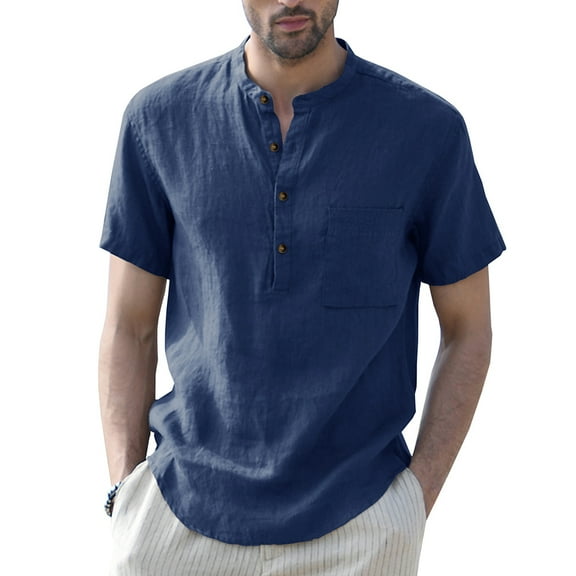 Hotian Men Short Sleeve Linen Henley Shirt with Pocket Blue S (One Size Smaller）